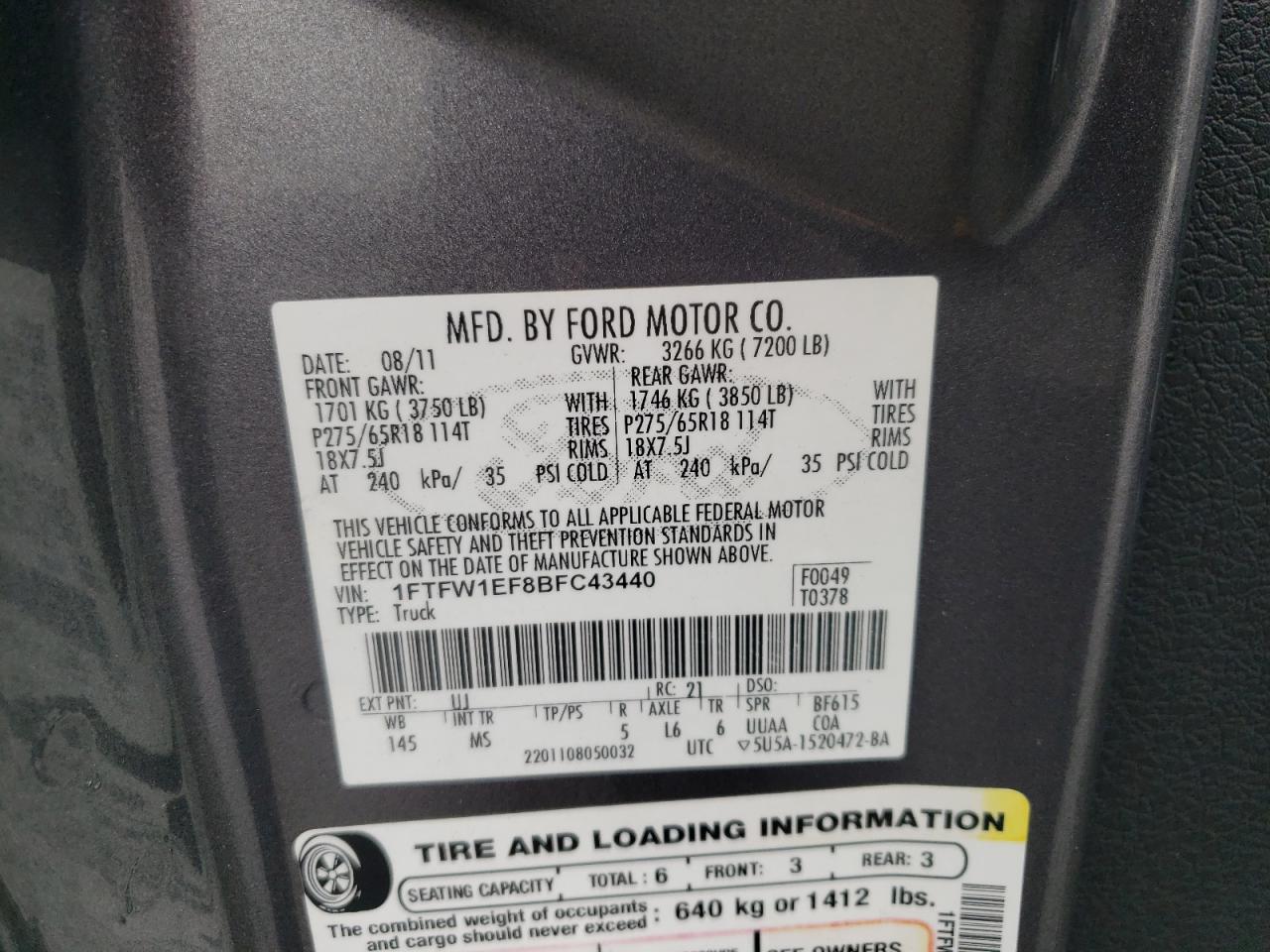 2011 Ford F-150 VIN 1FTFW1EF8BFC43440 Copart auction photo, vandalism / front end damage thumbnail 14