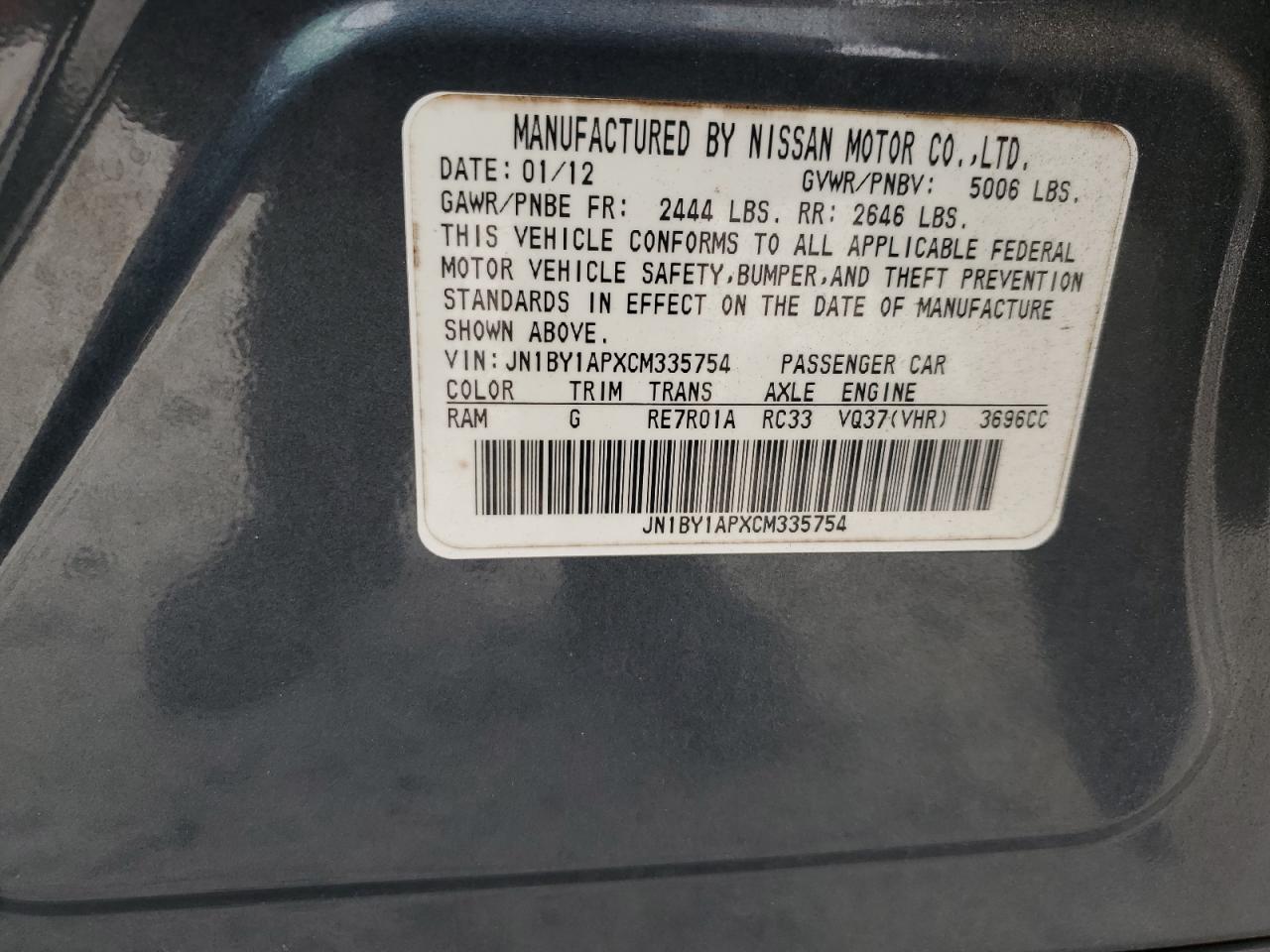 2012 Infiniti M VIN JN1BY1APXCM335754 Copart auction photo, front end damage thumbnail 14