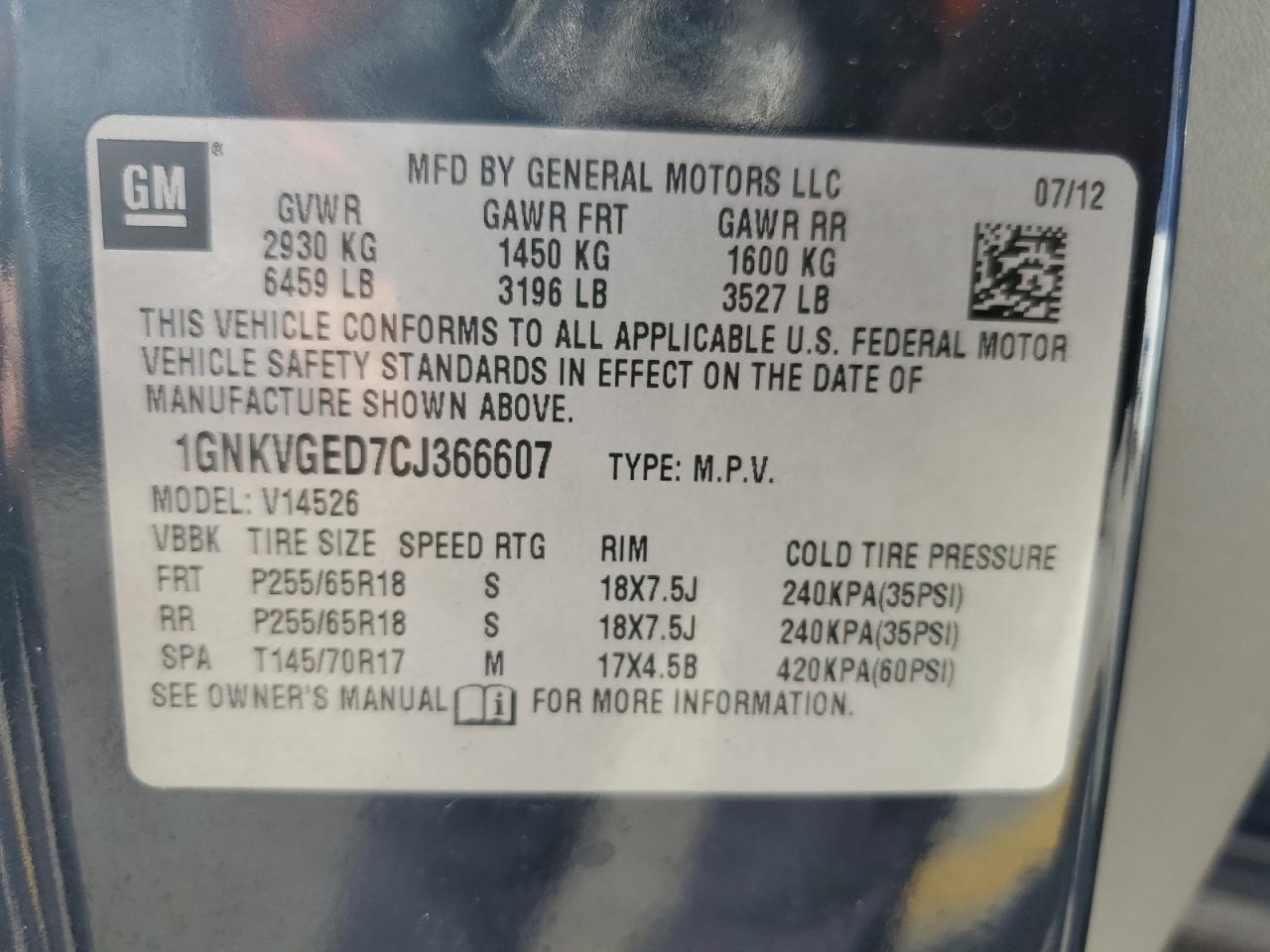 2012 Chevrolet Traverse VIN 1GNKVGED7CJ366607 Copart auction photo, front end damage thumbnail 16