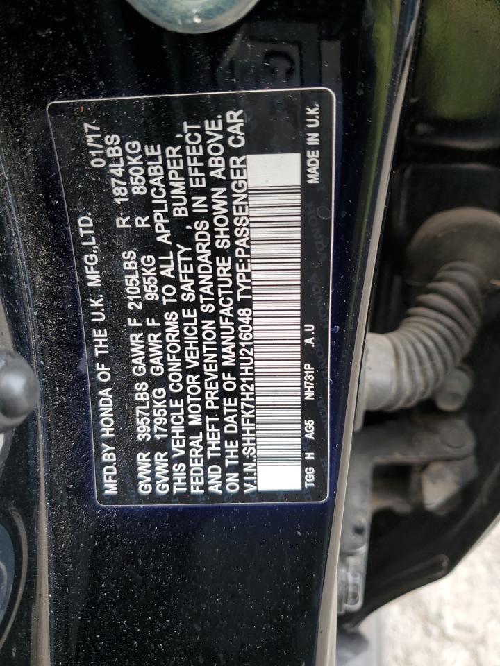 2017 Honda Civic VIN SHHFK7H21HU216048 Copart auction photo, side damage thumbnail 12