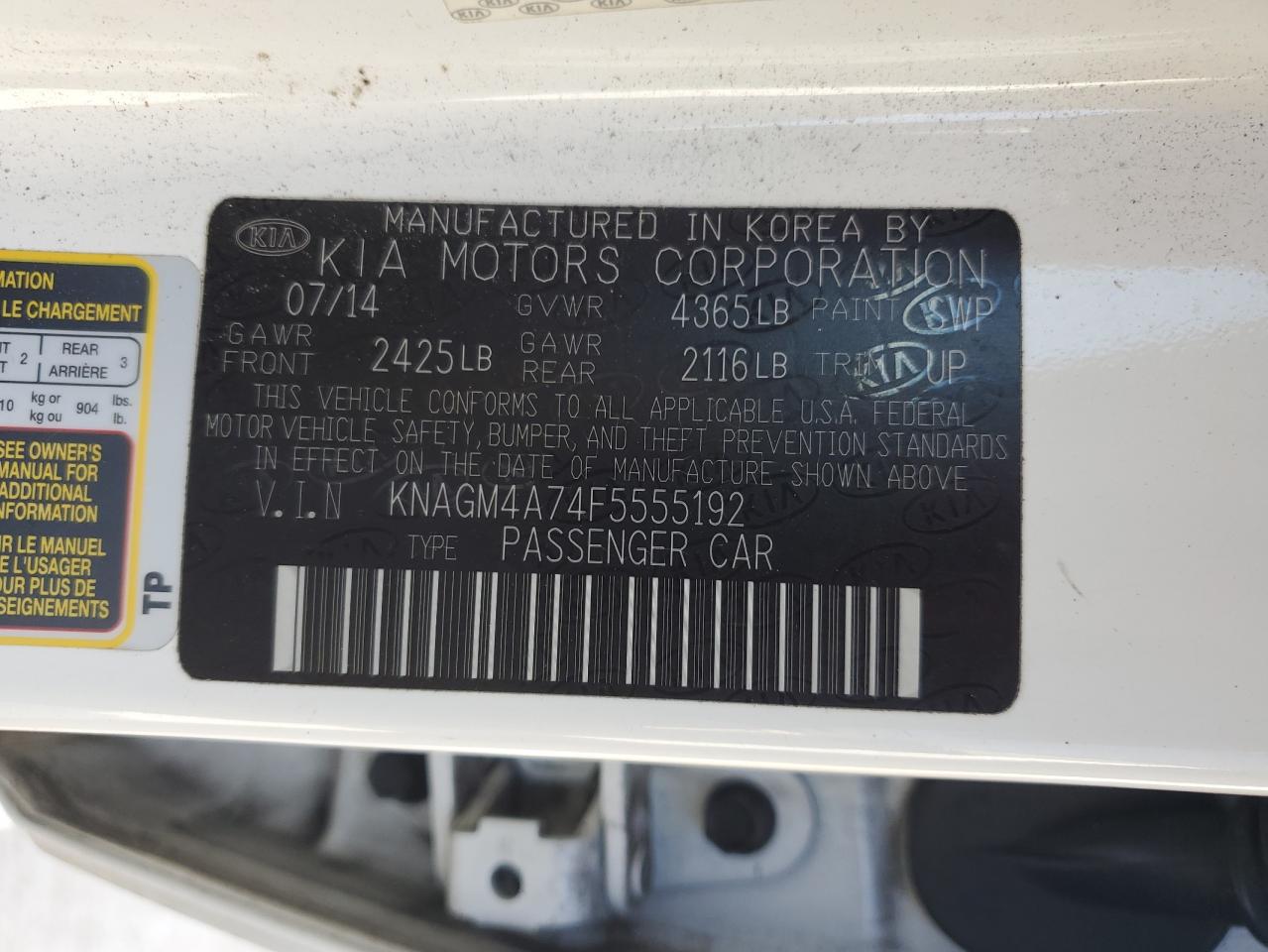 2015 KIA Optima VIN KNAGM4A74F5555192 Copart auction photo, front end / vandalism damage thumbnail 12