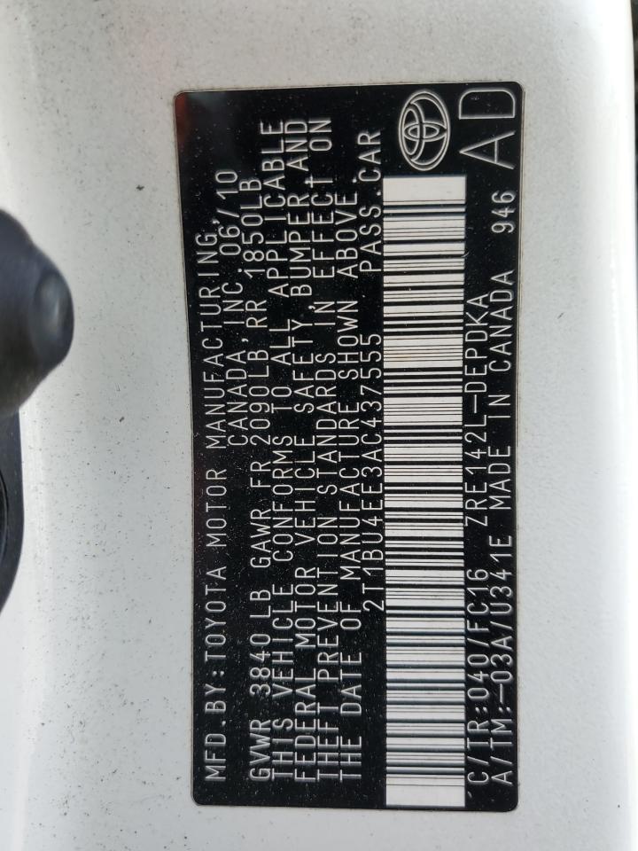 2010 Toyota Corolla VIN 2T1BU4EE3AC437555 Copart auction photo, front end damage thumbnail 15