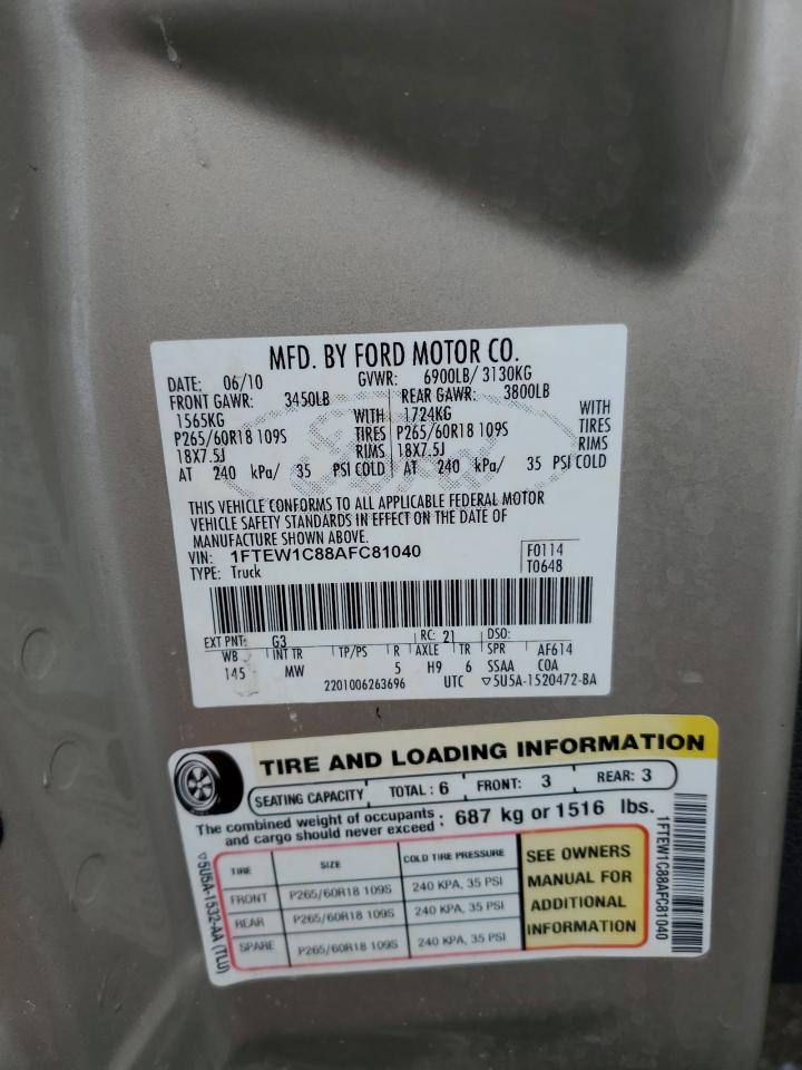 2010 Ford F-150 VIN 1FTEW1C88AFC81040 Copart auction photo, front end damage thumbnail 12
