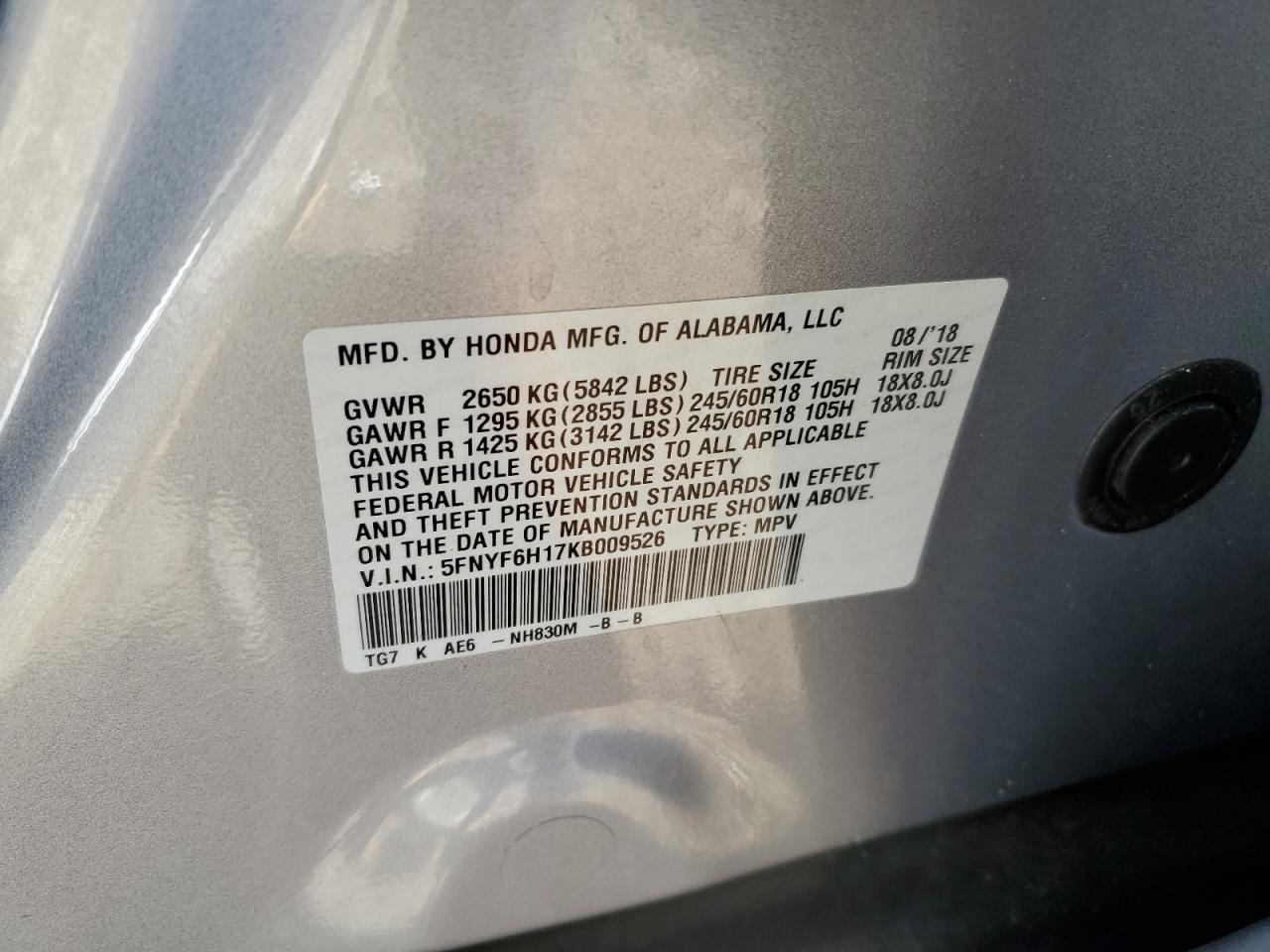 2019 Honda Pilot VIN 5FNYF6H17KB009526 Copart auction photo, front end damage thumbnail 13