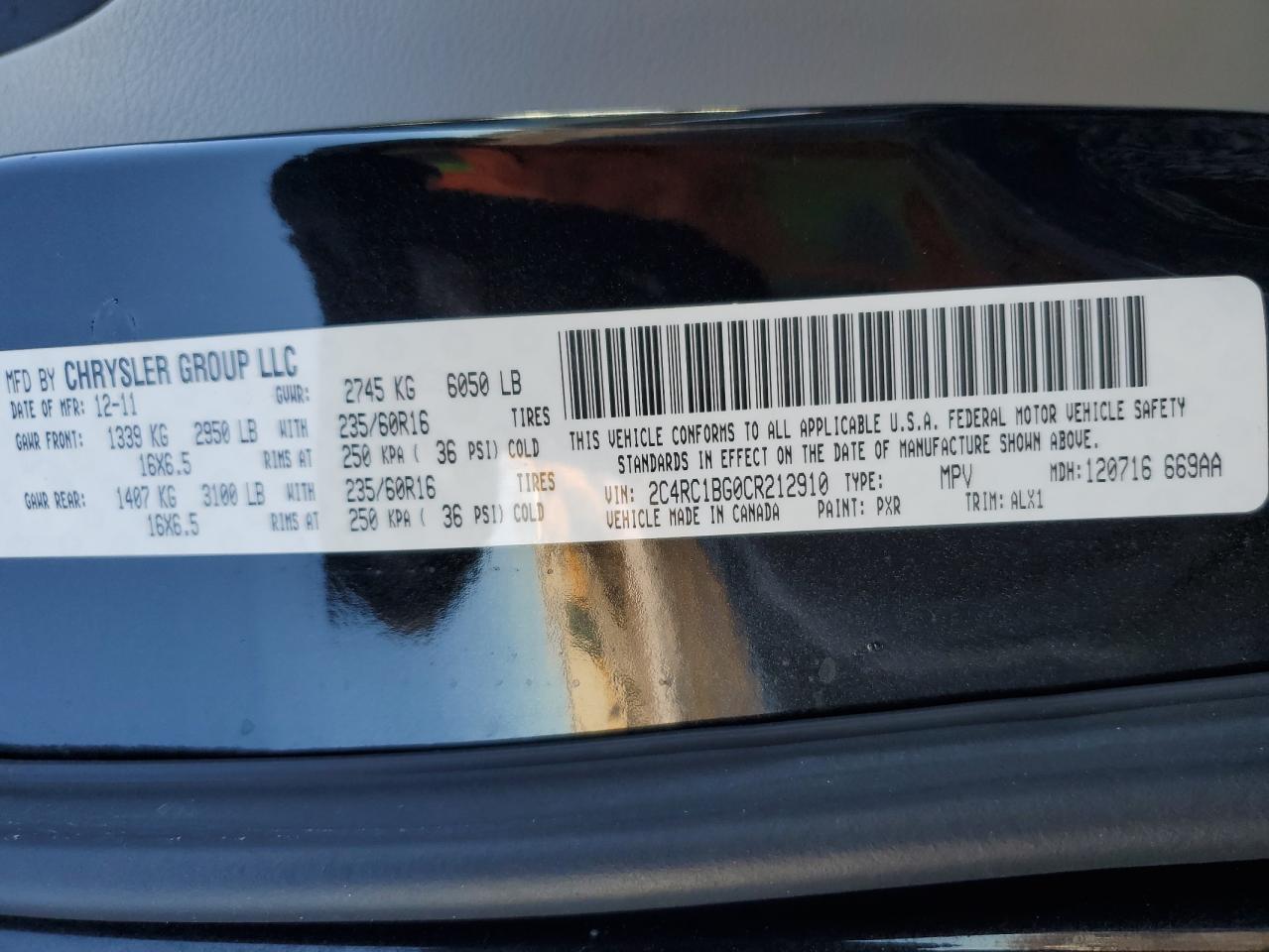 2012 Chrysler Town & Country VIN 2C4RC1BG0CR212910 Copart auction photo, rear end / front end damage thumbnail 16