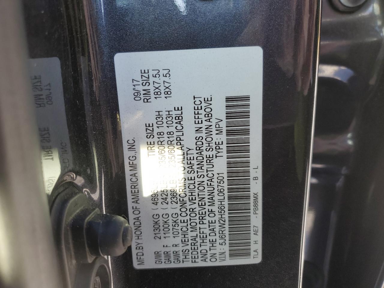 2017 Honda CR-V VIN 5J6RW2H56HL067501 Copart auction photo, front end / side damage thumbnail 16