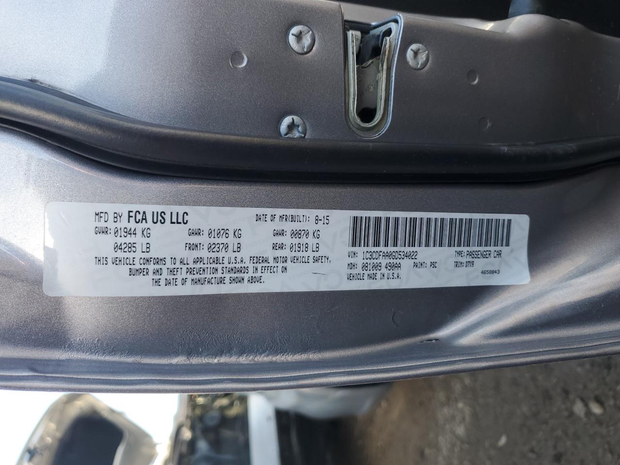 2016 Dodge Dart VIN 1C3CDFAA0GD534022 Copart auction photo, side / rear end damage thumbnail 12