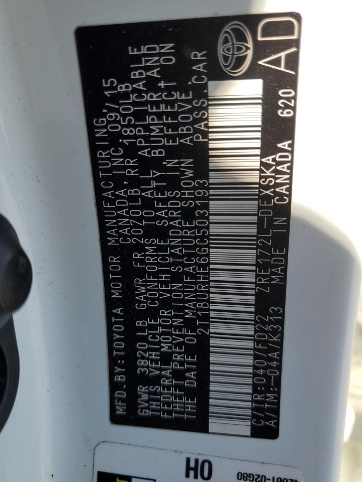 2016 Toyota Corolla VIN 2T1BURHE6GC503193 Copart auction photo, front end damage thumbnail 12
