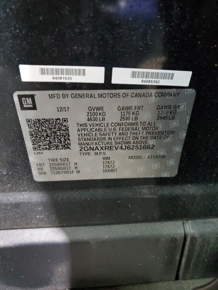 2018 Chevrolet Equinox VIN 2GNAXREV4J6251662 Copart auction photo, front end / minor dent/scratches damage thumbnail 13