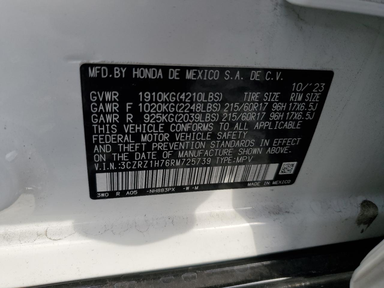2024 Honda HR-V VIN 3CZRZ1H76RM725739 Copart auction photo, front end damage thumbnail 16