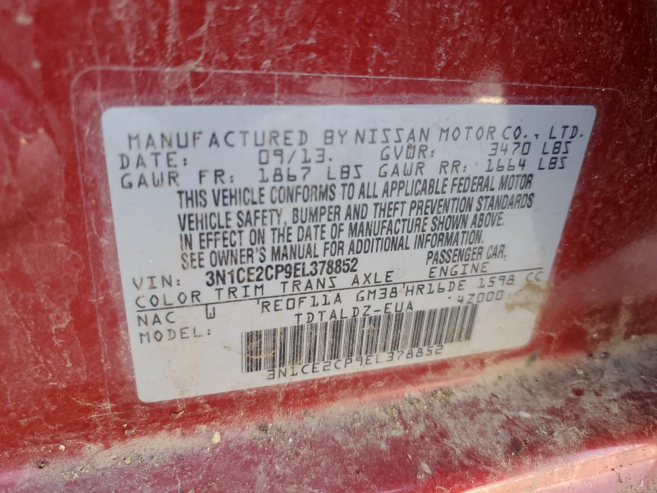2014 Nissan Versa VIN 3N1CE2CP9EL378852 Copart auction photo, vandalism / front end damage thumbnail 12