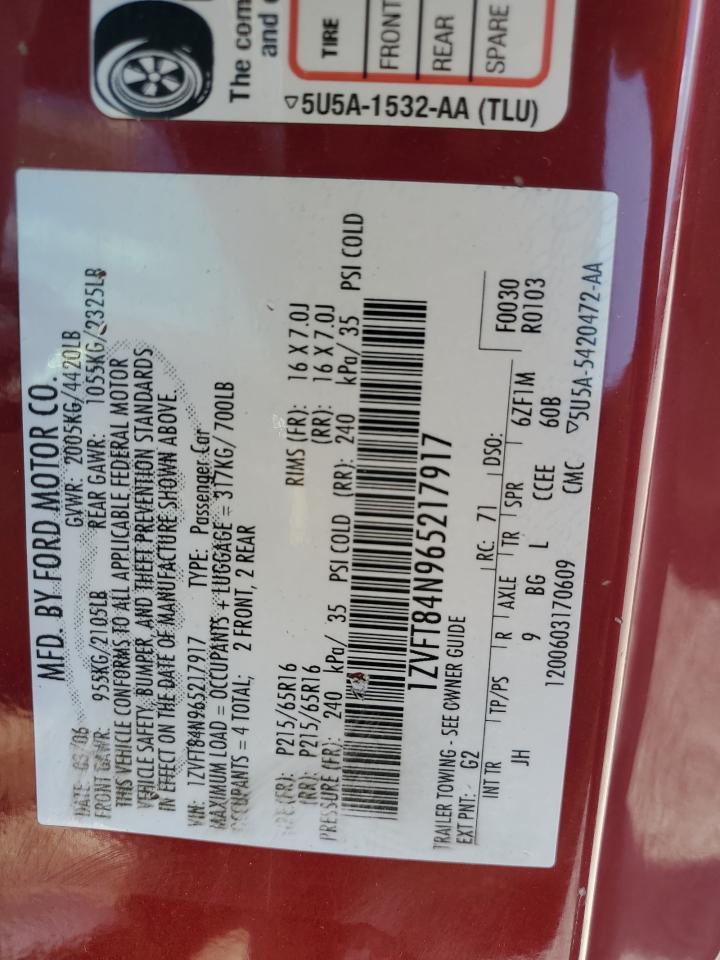 2006 Ford Mustang VIN 1ZVFT84N965217917 Copart auction photo, side / minor dent/scratches damage thumbnail 12
