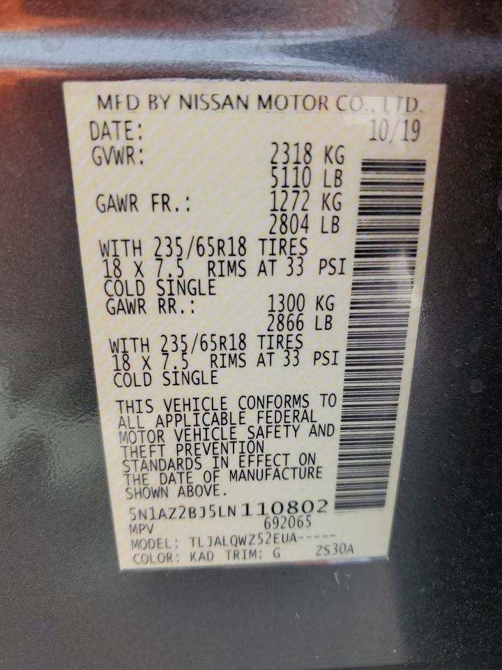 2020 Nissan Murano VIN 5N1AZ2BJ5LN110802 Copart auction photo, side / front end damage thumbnail 14