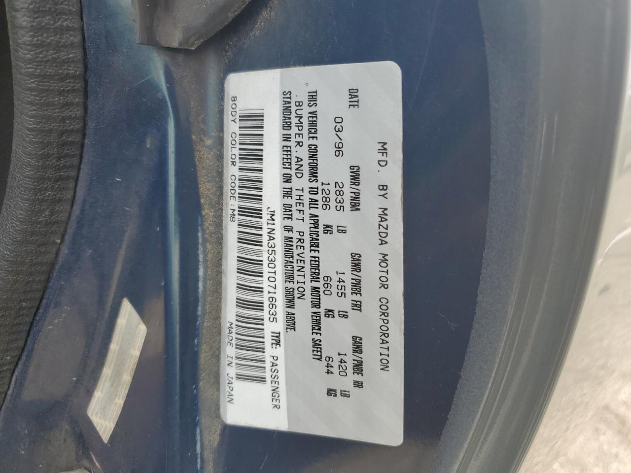 1996 Mazda MX-5 VIN JM1NA3530T0716635 Copart auction photo, front end / side damage thumbnail 12