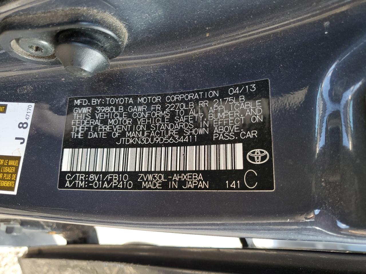 2013 Toyota Prius VIN JTDKN3DU9D5634411 Copart auction photo, all over damage thumbnail 12