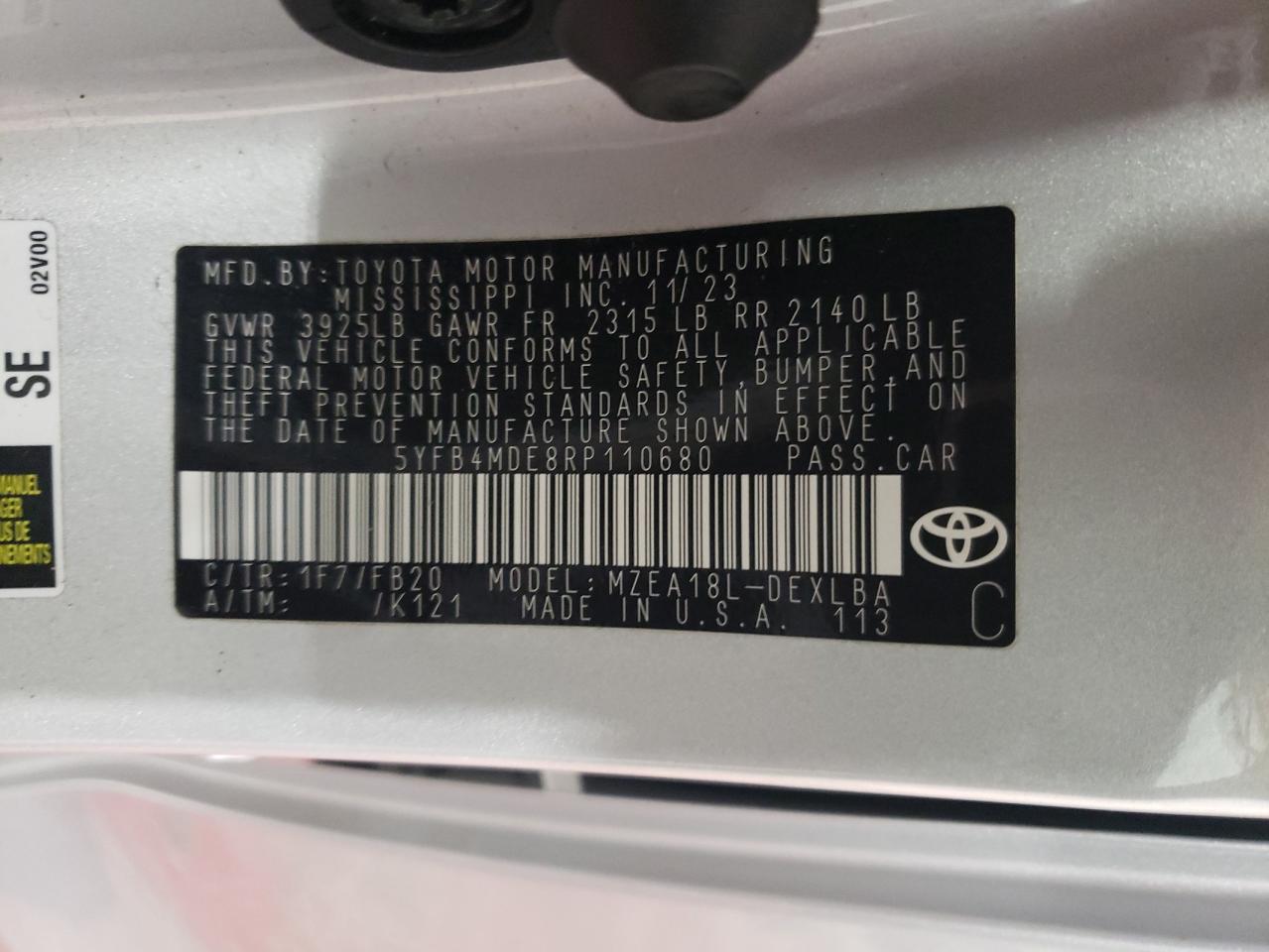 2024 Toyota Corolla VIN 5YFB4MDE8RP110680 Copart auction photo, side / mechanical damage thumbnail 12