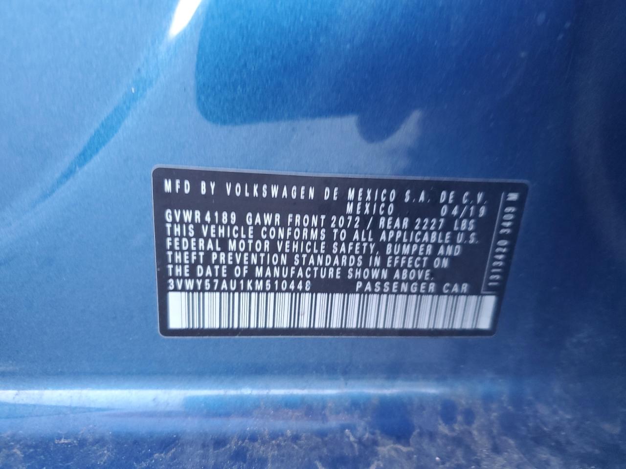 2019 Volkswagen Golf VIN 3VWY57AU1KM510448 Copart auction photo, rear end / side damage thumbnail 12