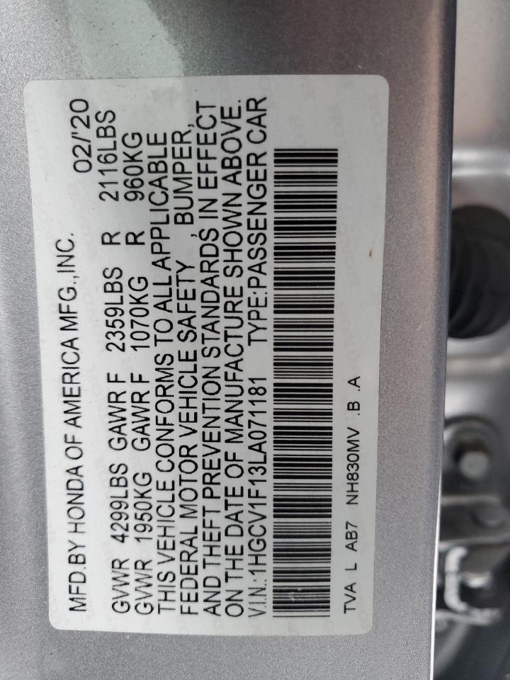 2020 Honda Accord VIN 1HGCV1F13LA071181 Copart auction photo, side / front end damage thumbnail 12