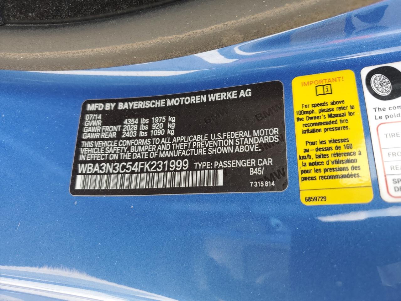 2015 BMW 4er VIN WBA3N3C54FK231999 Copart auction photo, front end damage thumbnail 14