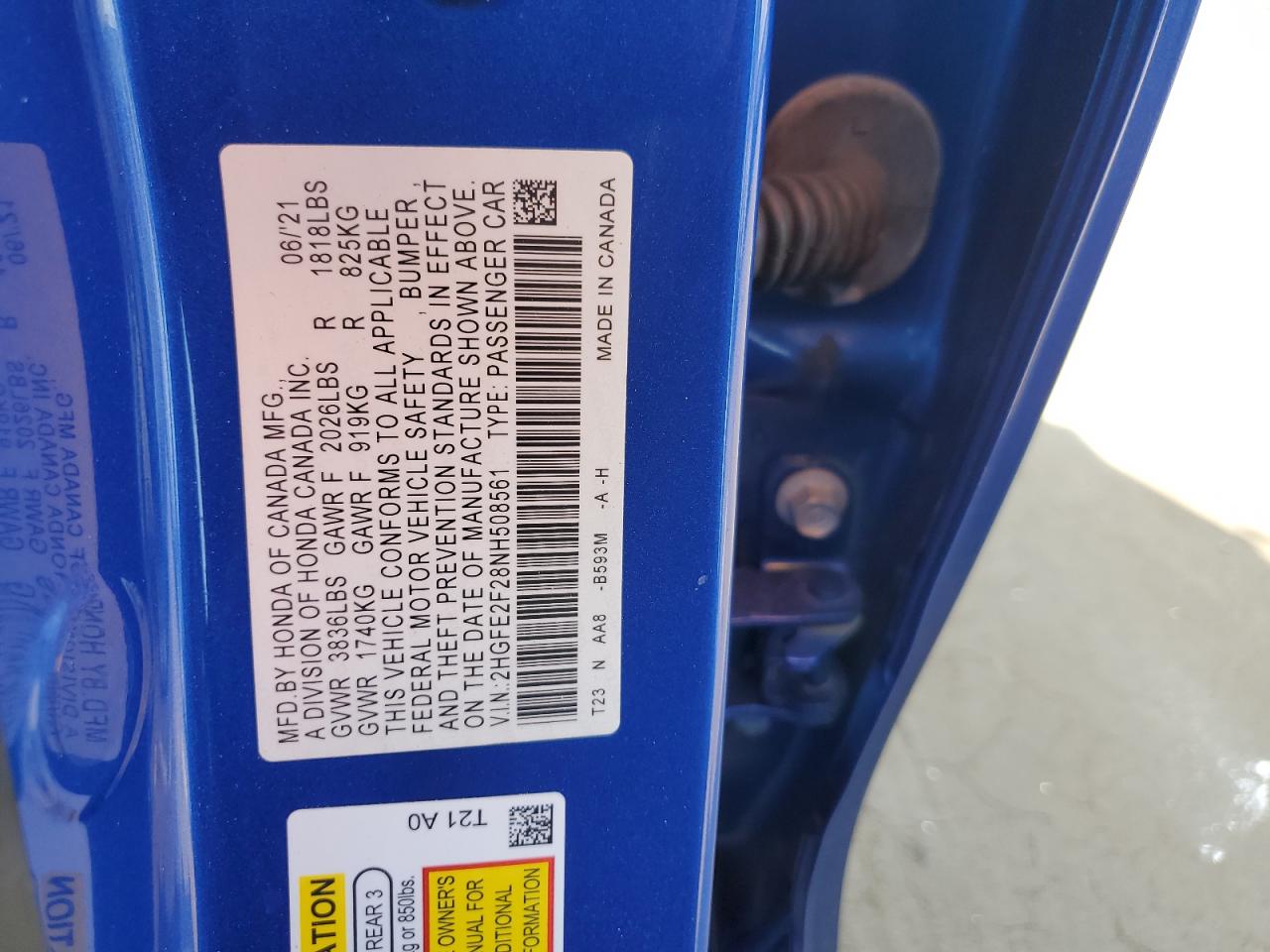 2022 Honda Civic VIN 2HGFE2F28NH508561 Copart auction photo, front end / rear end damage thumbnail 12