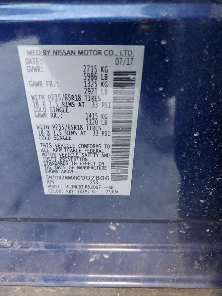 2017 Nissan Pathfinder VIN 5N1DR2MM0HC907806 Copart auction photo, front end / minor dent/scratches damage thumbnail 14