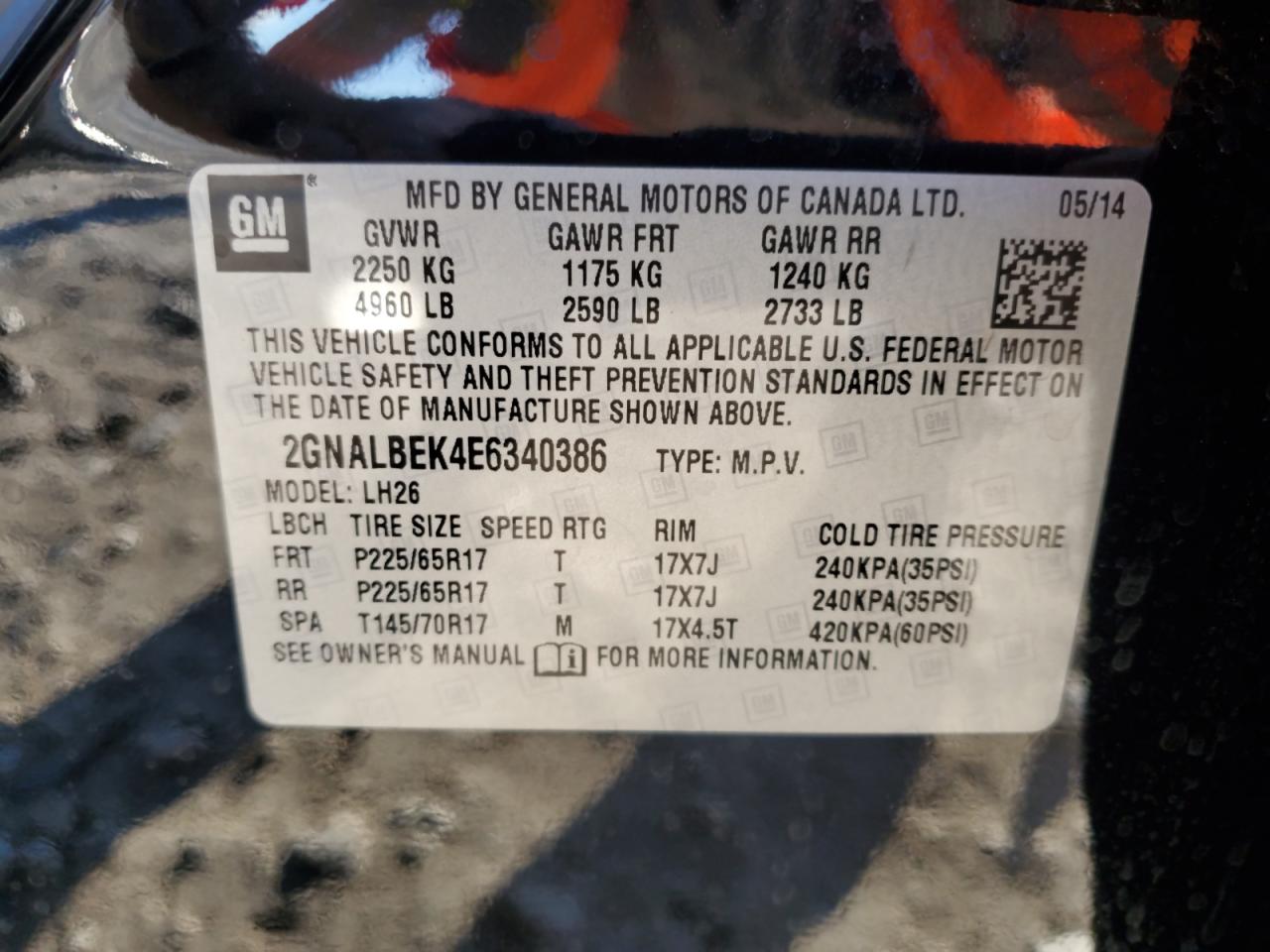 2014 Chevrolet Equinox VIN 2GNALBEK4E6340386 Copart auction photo, top/roof damage thumbnail 13