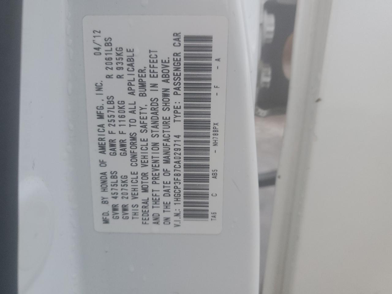 2012 Honda Accord VIN 1HGCP3F87CA029714 Copart auction photo, front end damage thumbnail 12