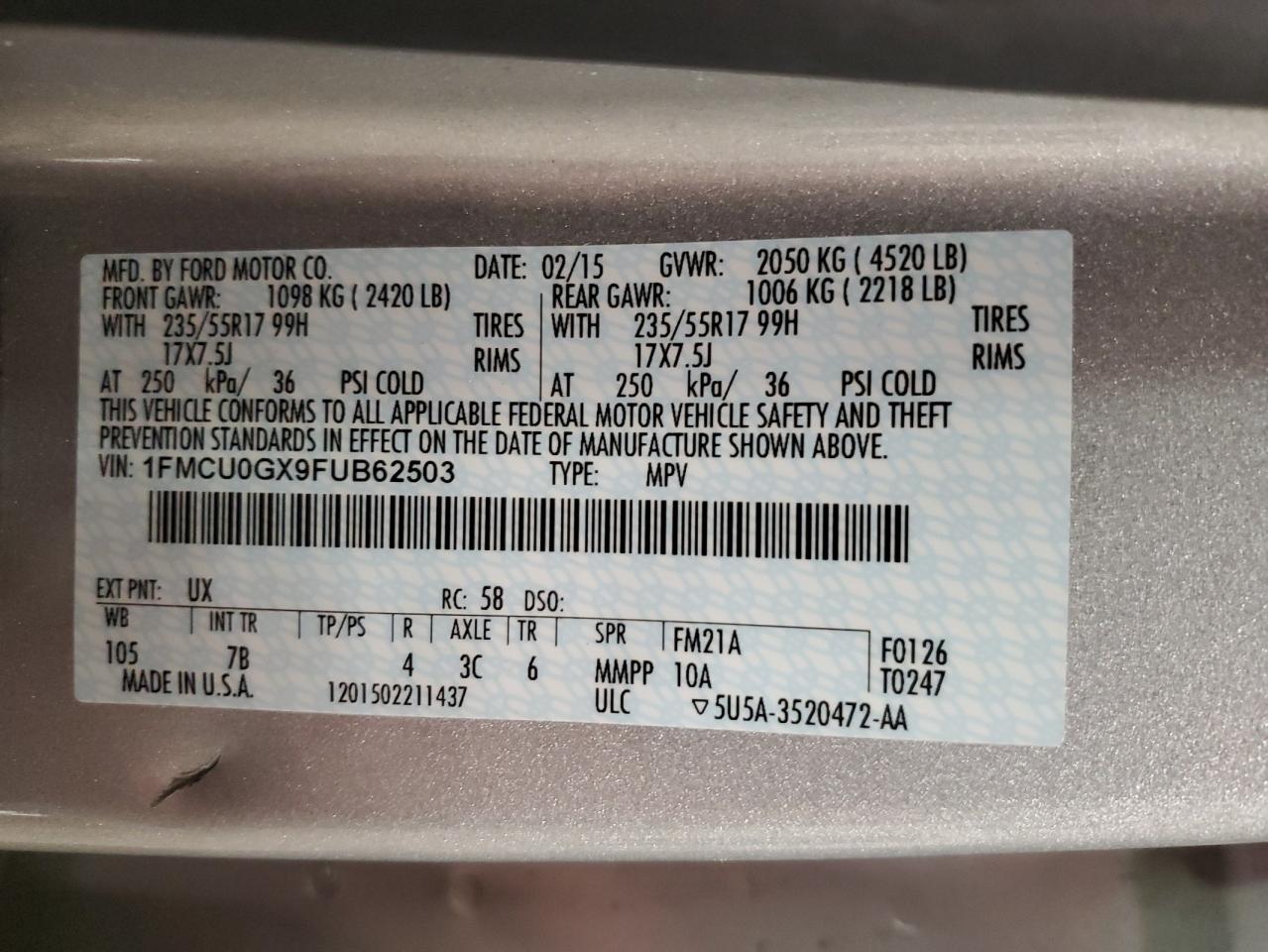 2015 Ford Escape VIN 1FMCU0GX9FUB62503 Copart auction photo, front end damage thumbnail 15