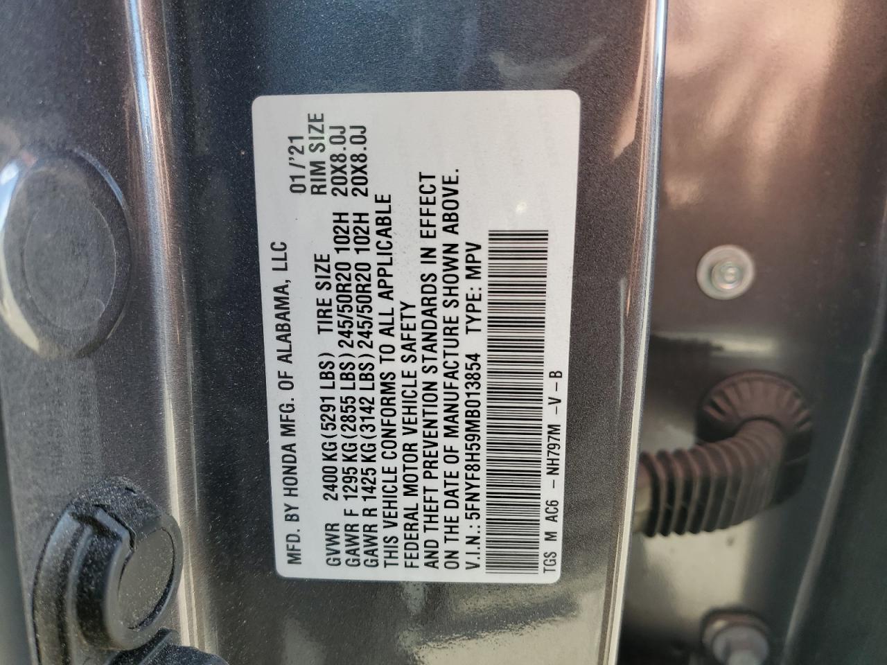 2021 Honda Passport VIN 5FNYF8H59MB013854 Copart auction photo, all over damage thumbnail 14