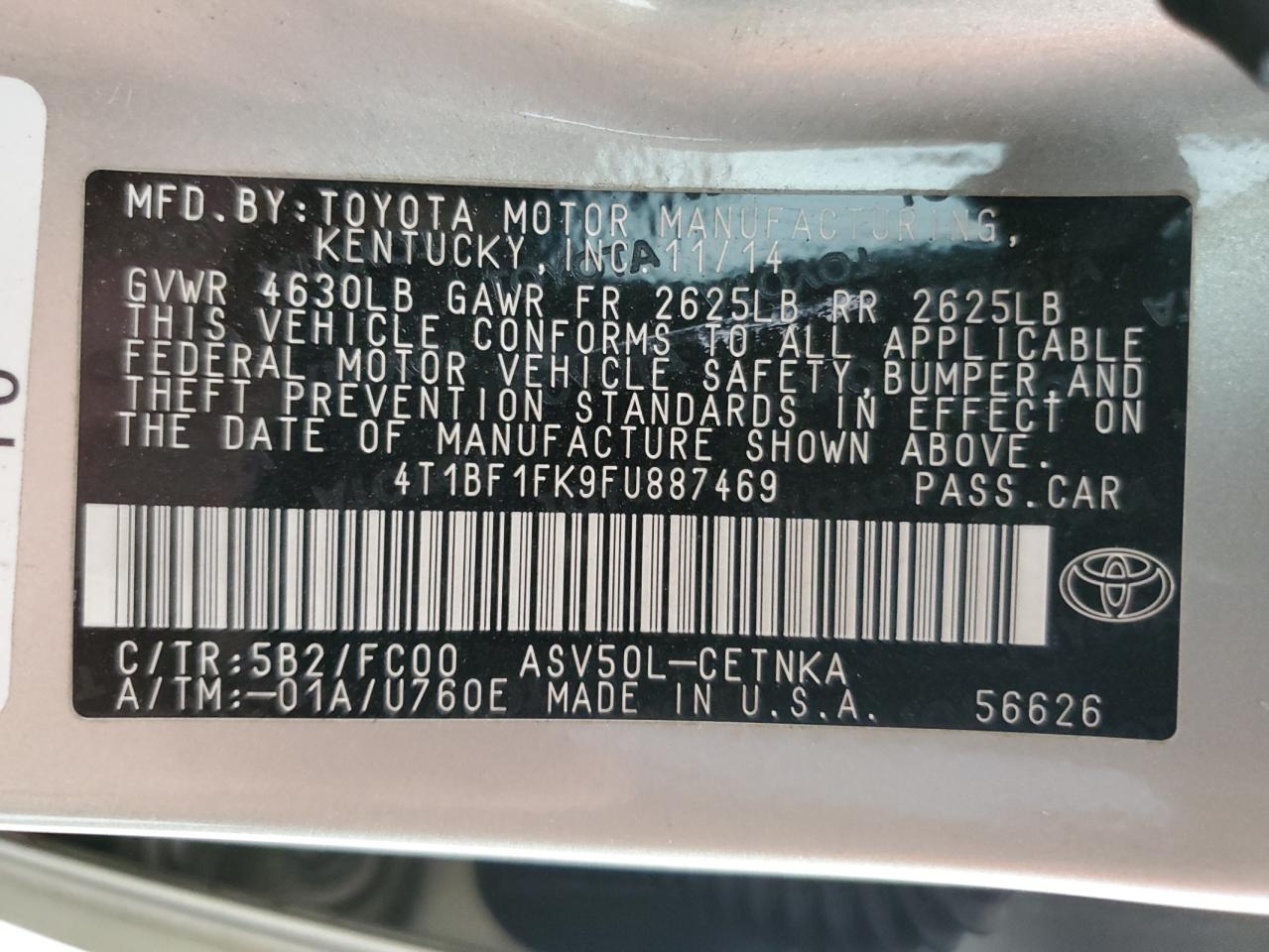 2015 Toyota Camry VIN 4T1BF1FK9FU887469 Copart auction photo, side damage thumbnail 14