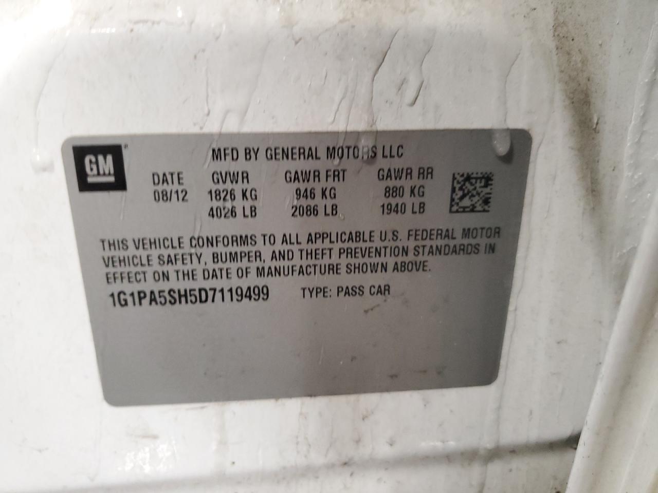 2013 Chevrolet Cruze VIN 1G1PA5SH5D7119499 Copart auction photo, front end damage thumbnail 12