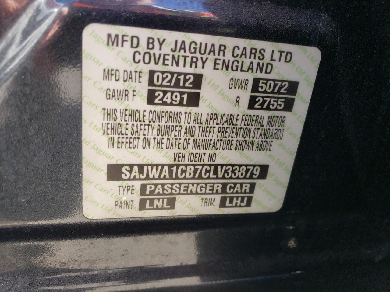 2012 Jaguar XJ VIN SAJWA1CB7CLV33879 Copart auction photo, vandalism damage thumbnail 12