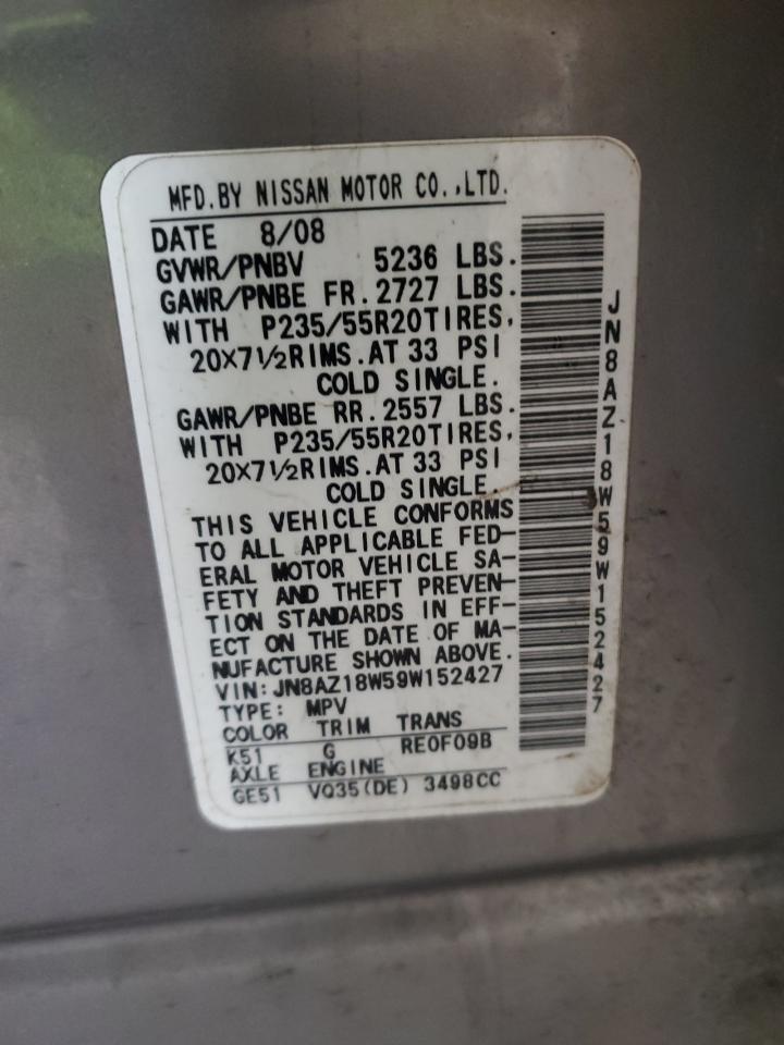 2009 Nissan Murano VIN JN8AZ18W59W152427 Copart auction photo, front end damage thumbnail 13