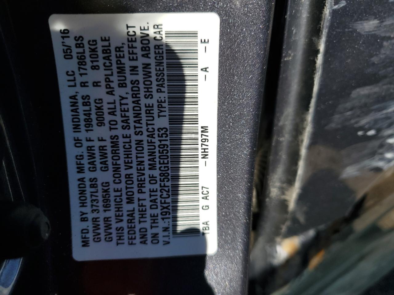 2016 Honda Civic VIN 19XFC2F58GE059153 Copart auction photo, side / front end damage thumbnail 14