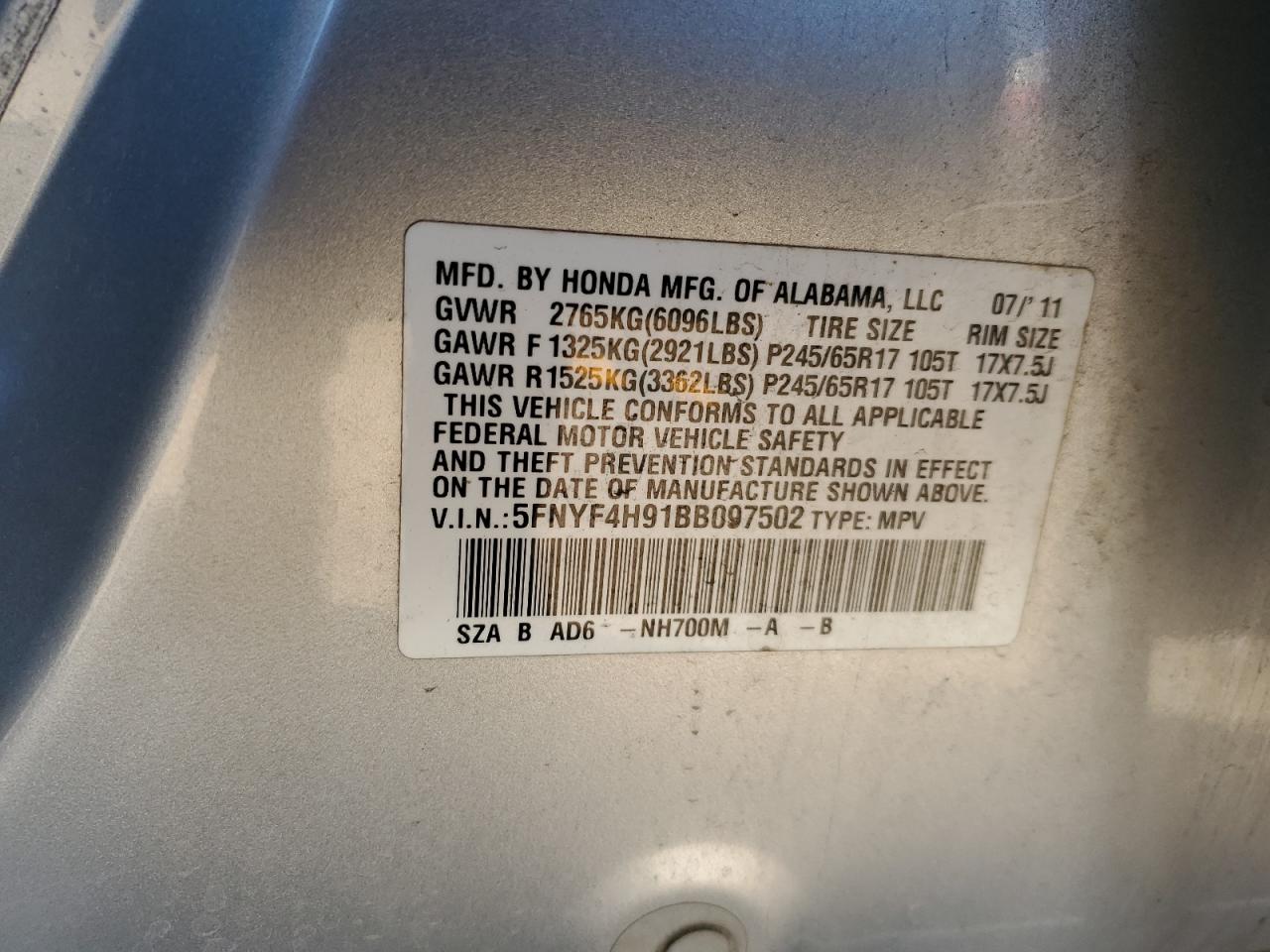2011 Honda Pilot VIN 5FNYF4H91BB097502 Copart auction photo, rear end damage thumbnail 14
