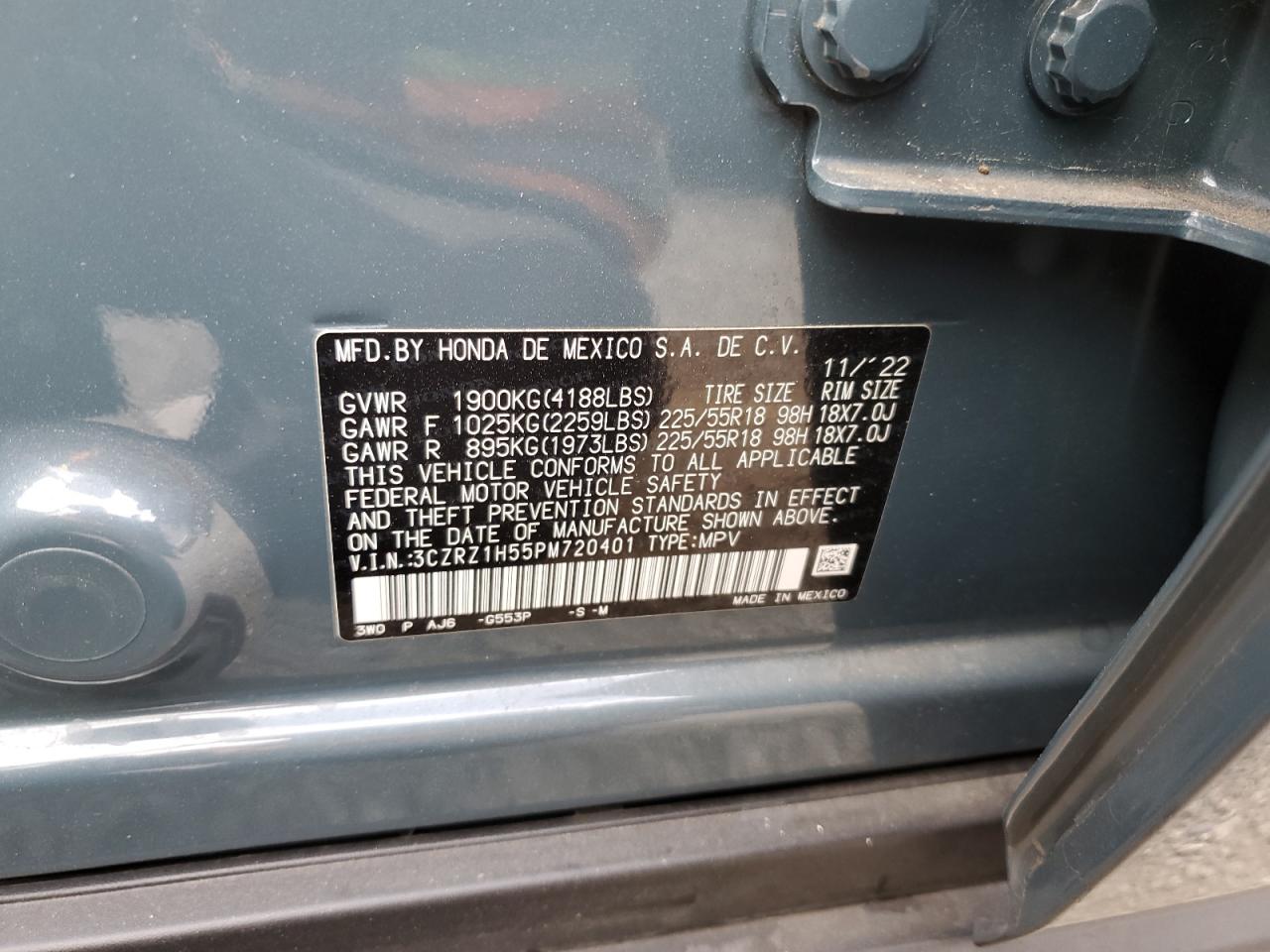 2023 Honda HR-V VIN 3CZRZ1H55PM720401 Copart auction photo, rear end damage thumbnail 14