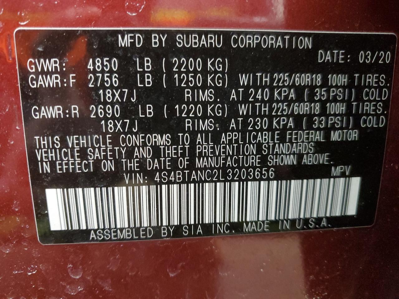 2020 Subaru Outback VIN 4S4BTANC2L3203656 Copart auction photo, rear end damage thumbnail 14