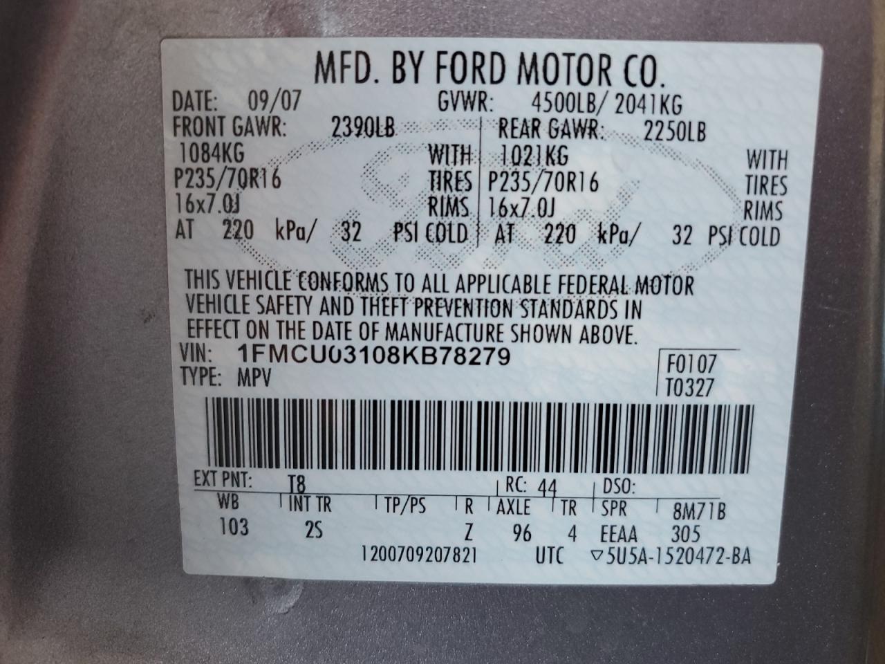 2008 Ford Escape VIN 1FMCU03108KB78279 Copart auction photo, front end damage thumbnail 15