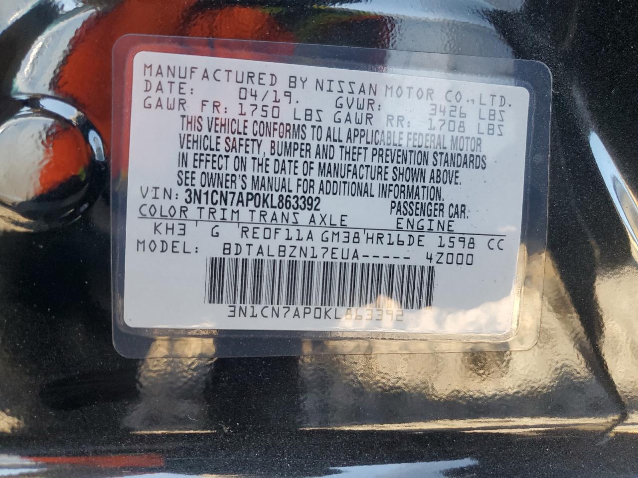 2019 Nissan Versa VIN 3N1CN7AP0KL863392 Copart auction photo, front end damage thumbnail 12