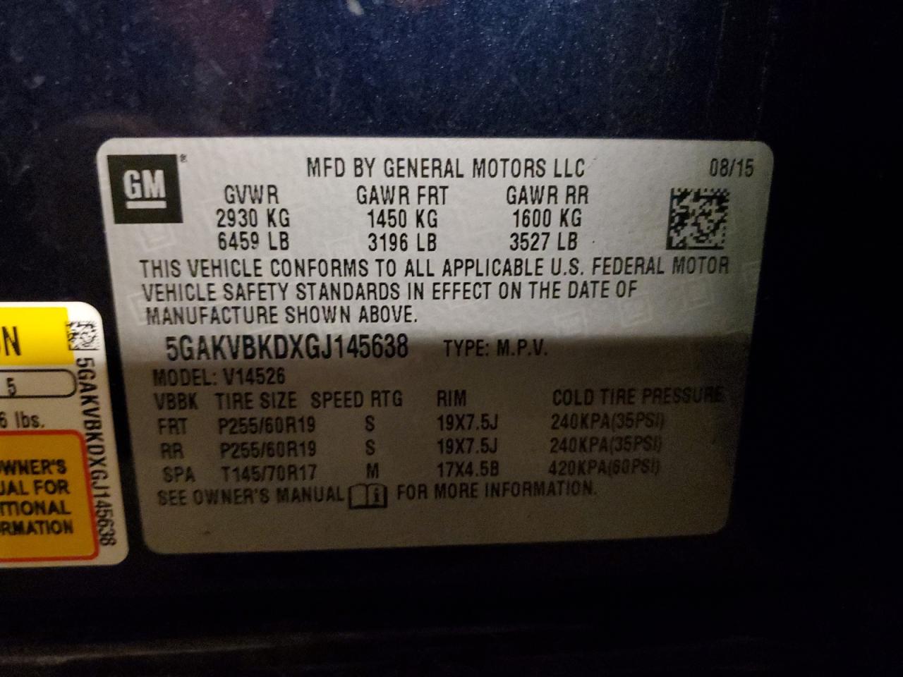 2016 Buick Enclave VIN 5GAKVBKDXGJ145638 Copart auction photo, rear end damage thumbnail 13