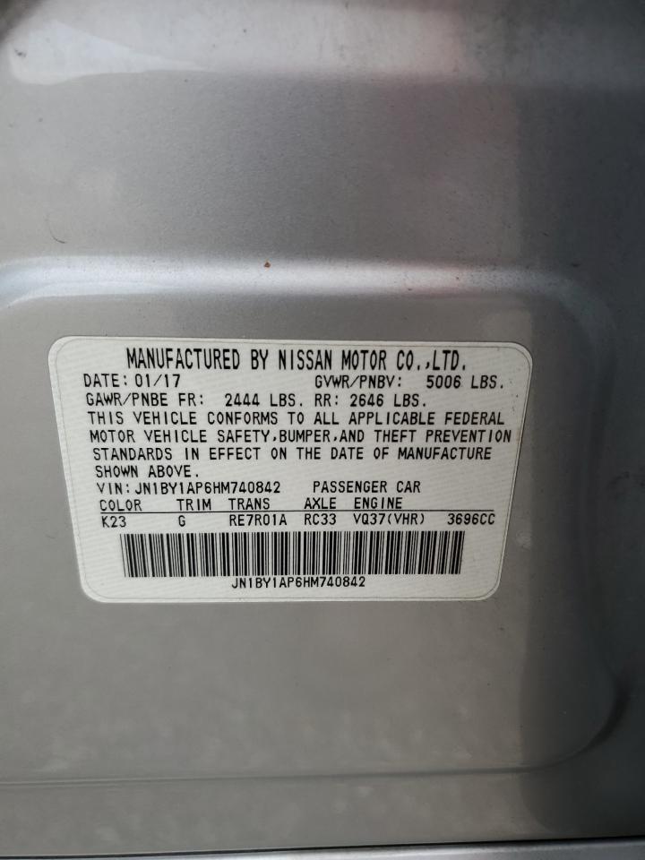 2017 Infiniti Q70 VIN JN1BY1AP6HM740842 Copart auction photo, front end / side damage thumbnail 12