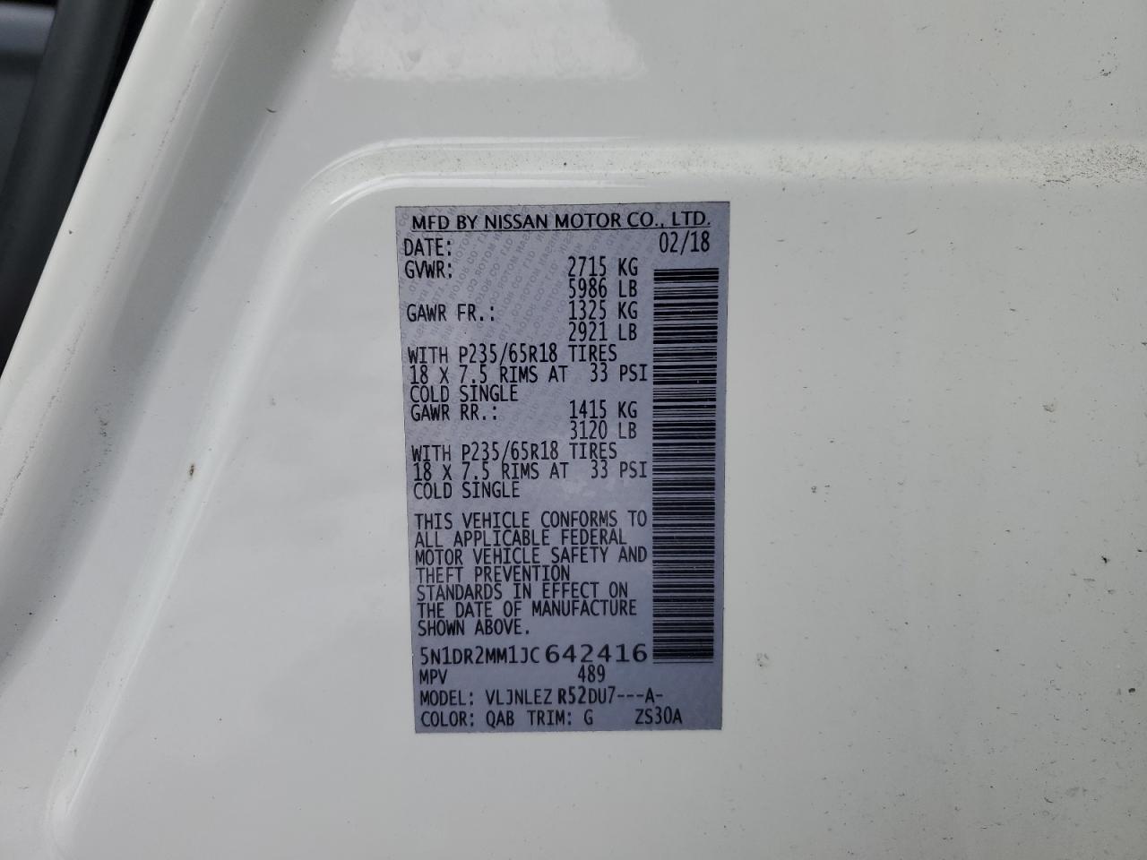 2018 Nissan Pathfinder VIN 5N1DR2MM1JC642416 Copart auction photo, rear end / minor dent/scratches damage thumbnail 13