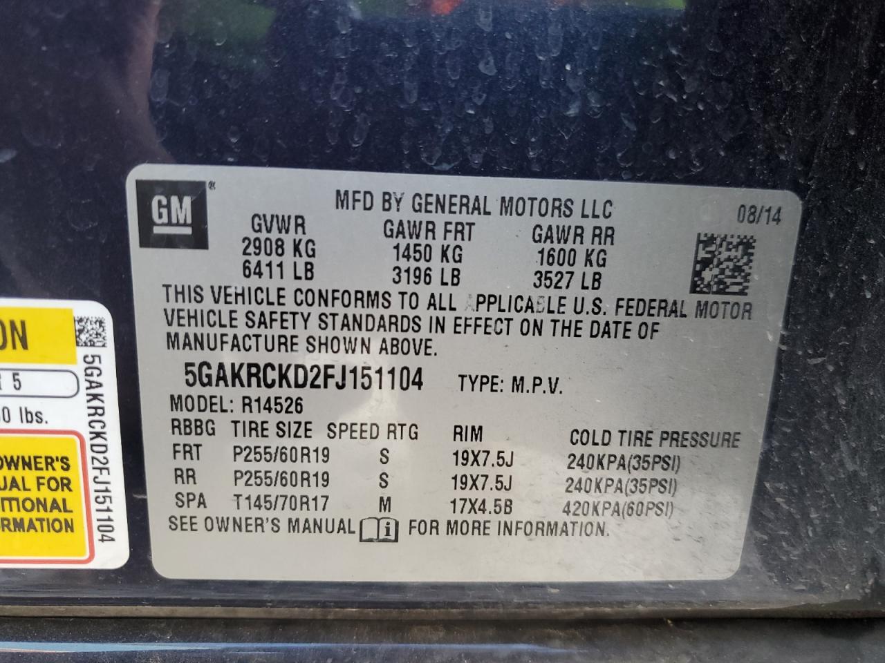 2015 Buick Enclave VIN 5GAKRCKD2FJ151104 Copart auction photo, all over damage thumbnail 14