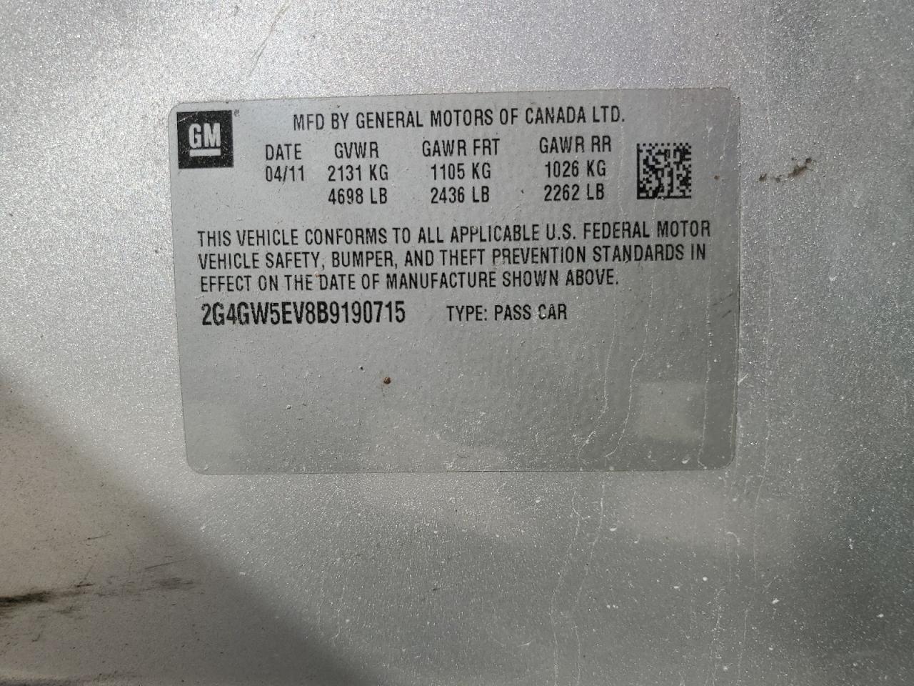 2011 Buick Regal VIN 2G4GW5EV8B9190715 Copart auction photo, mechanical / minor dent/scratches damage thumbnail 12