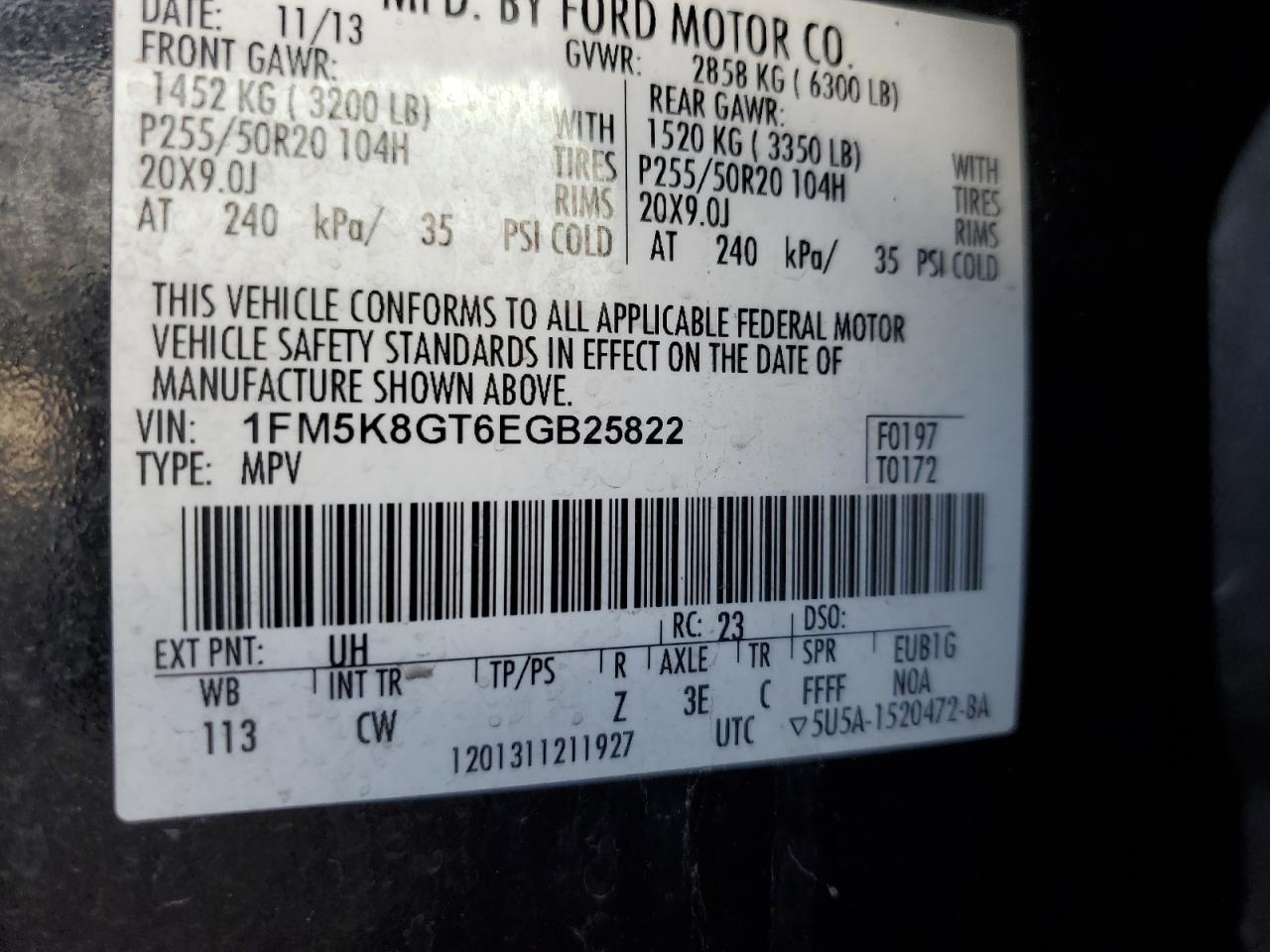 2014 Ford Explorer VIN 1FM5K8GT6EGB25822 Copart auction photo, side / all over damage thumbnail 12