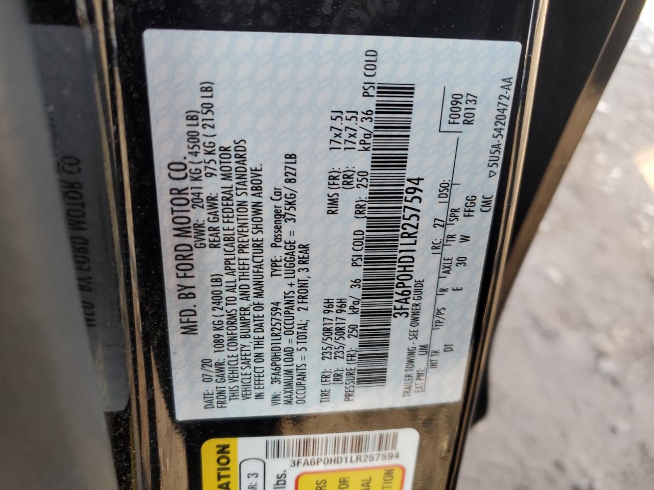 2020 Ford Fusion VIN 3FA6P0HD1LR257594 Copart auction photo, front end / rear end damage thumbnail 12