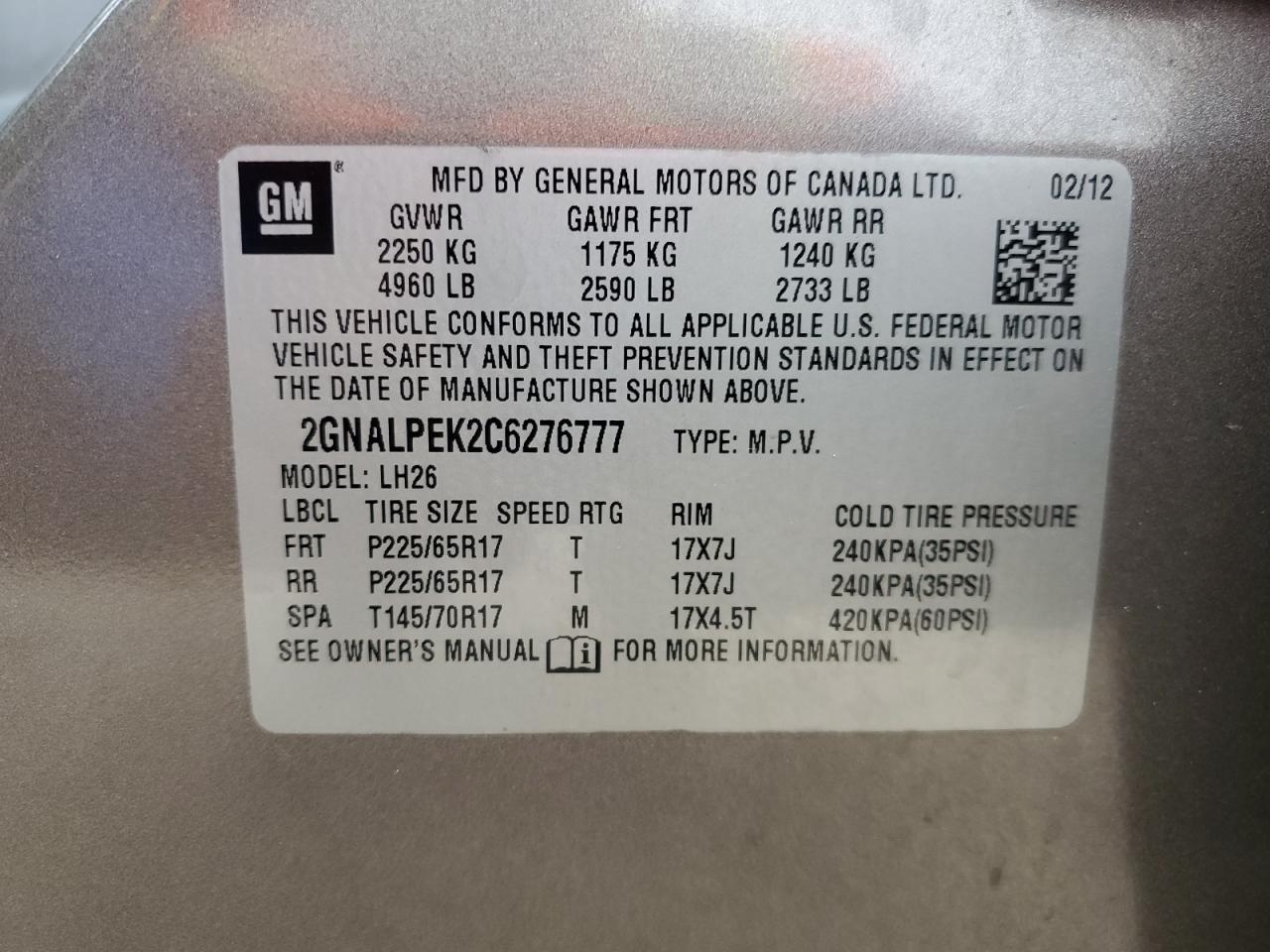 2012 Chevrolet Equinox VIN 2GNALPEK2C6276777 Copart auction photo, front end / minor dent/scratches damage thumbnail 15