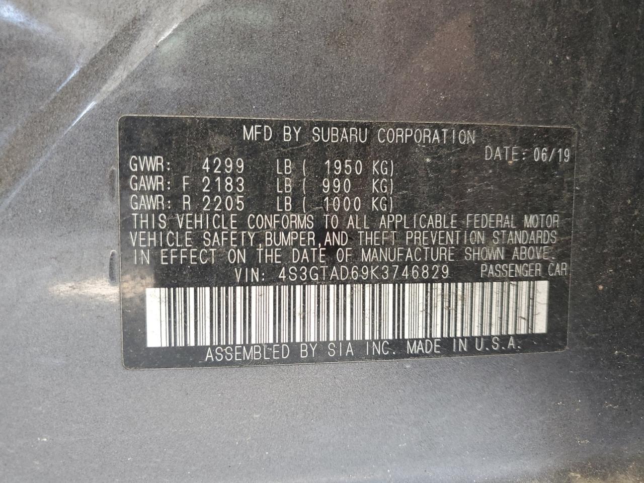 2019 Subaru Impreza VIN 4S3GTAD69K3746829 Copart auction photo, all over damage thumbnail 12