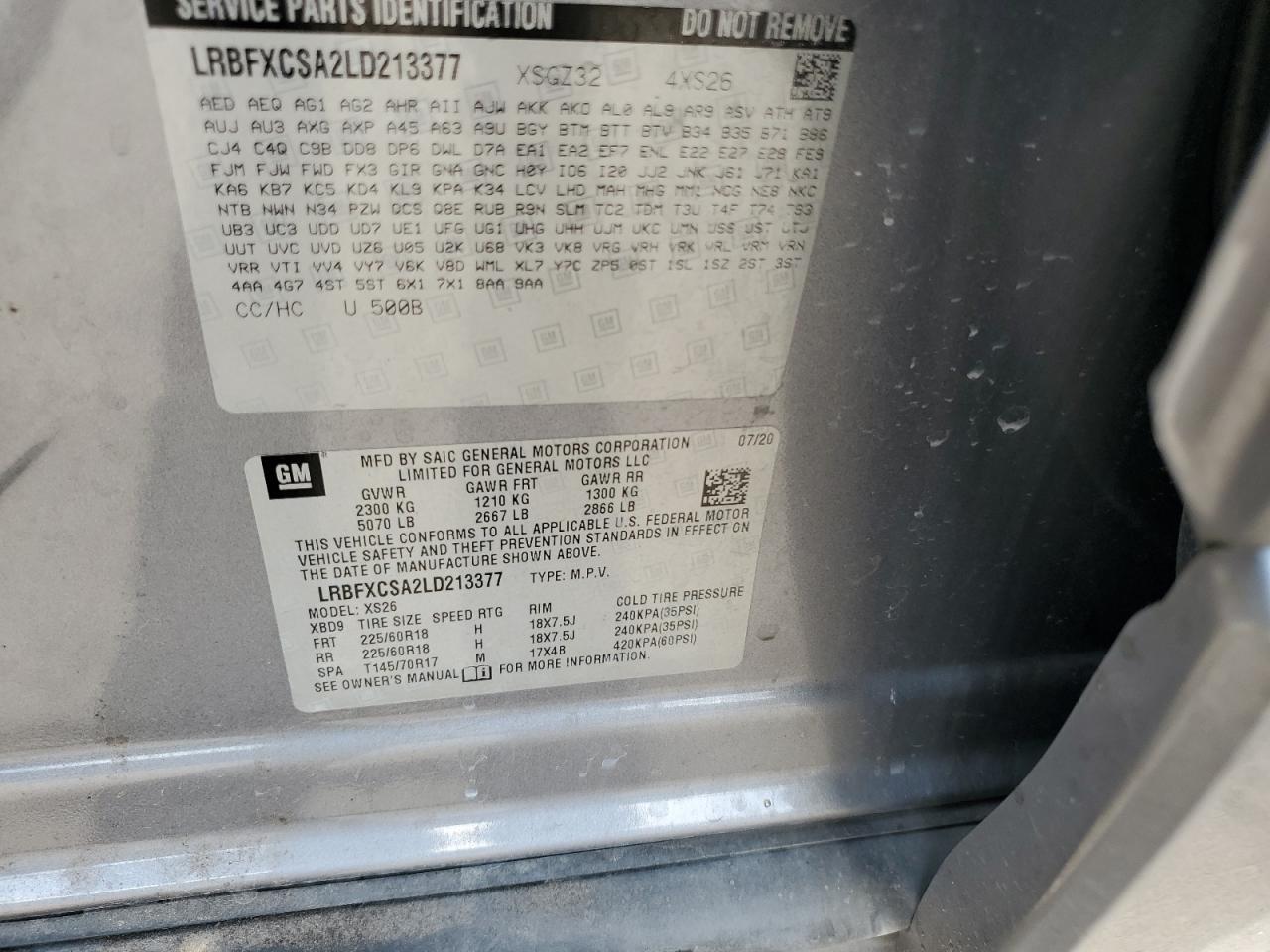 2020 Buick Envision VIN LRBFXCSA2LD213377 Copart auction photo, front end damage thumbnail 13