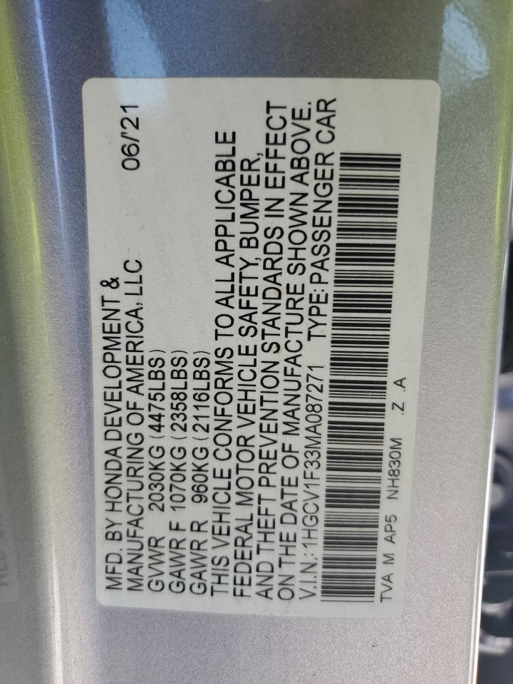 2021 Honda Accord VIN 1HGCV1F33MA087271 Copart auction photo, front end / rear end damage thumbnail 12
